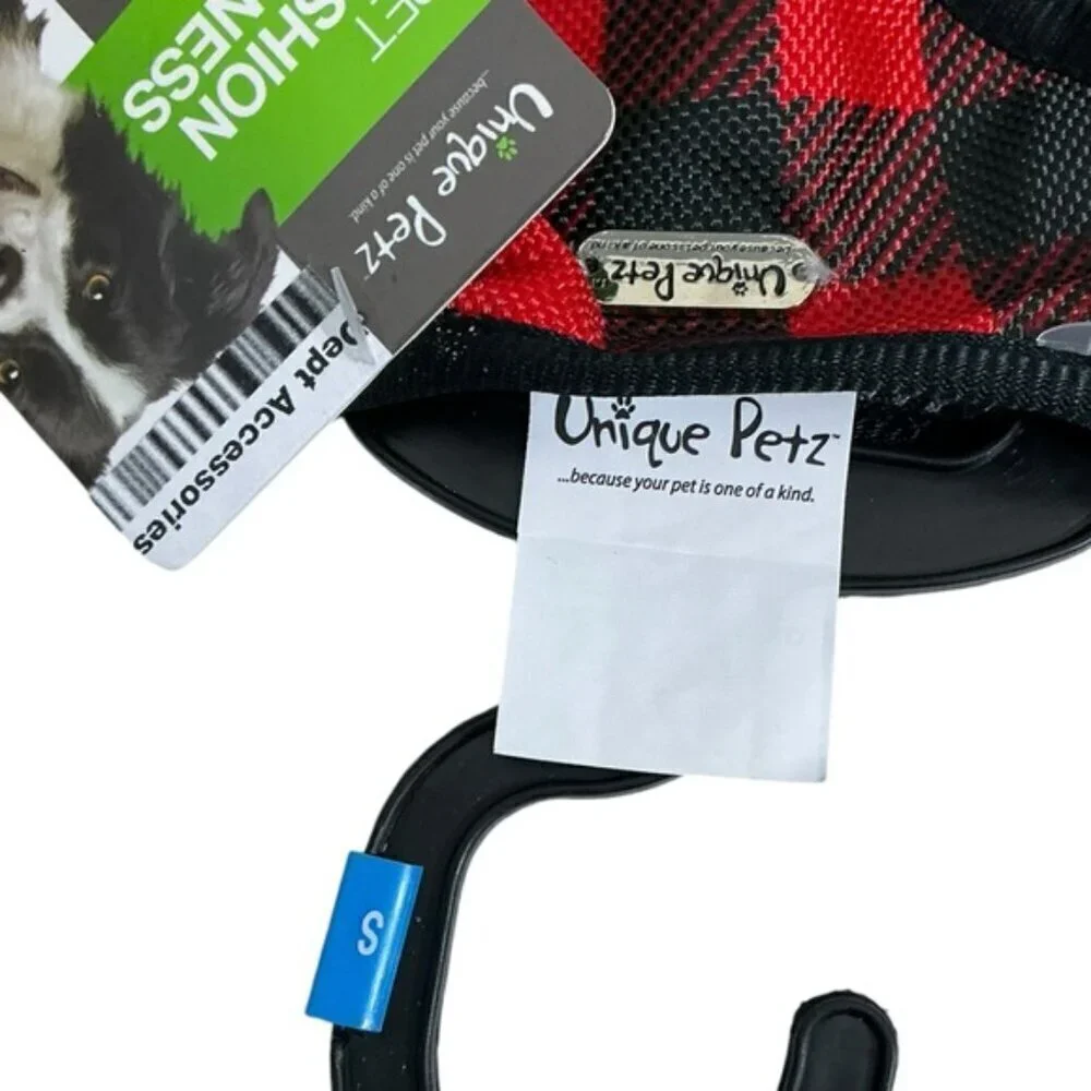 Unique Petz Dog Small Harness Adjustable Comfy Tartan Plaid Red Black SZ S